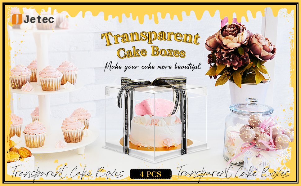 trade price 4 pcs clear cake boxes with a 147 ft ribbon 10 x 10 x 9 inch tall cake box transparent baking box portable tall layer bakery box for wedding birthday anniversary baking display pack wholesale supplier