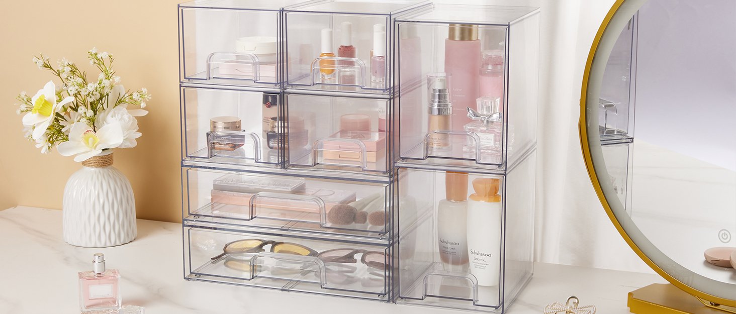 buy in bulk vtopmart 12''w clear stackable storage drawers,2 pack acrylic plastic organizers bins for makeup palettes, cosmetics, and beauty supplies,ideal for vanity, bathroom,cabinet,desk organization source from factory