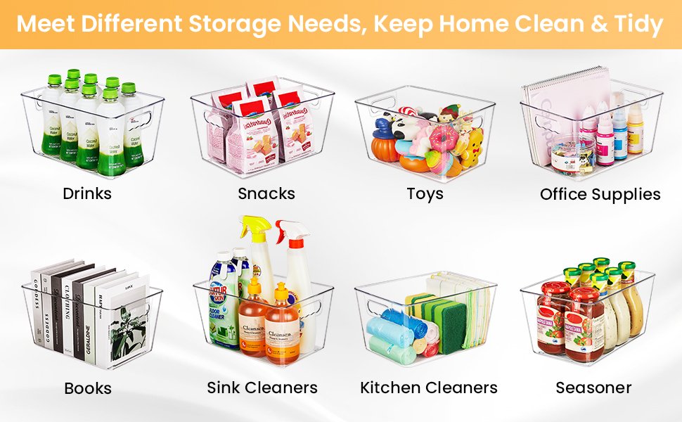 factory direct yihong 6 pack clear pantry organizer bins, plastic containers with handle for kitchen,freezer,cabinet,closet,bathroom under sink storage oem/odm services