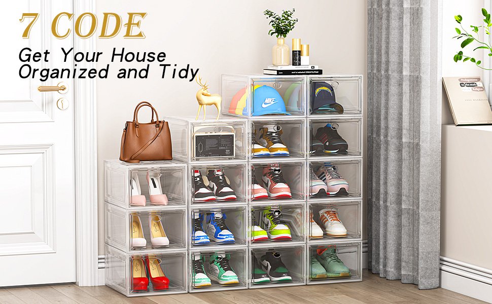 buy in bulk thicken & sturdy clear shoe storage organizer with magnetic door, stackable boxes for closet, foldable space-saving shoe rack for sneaker boot container, plastic shoe cabinet shoe box 6 pack, white source from factory