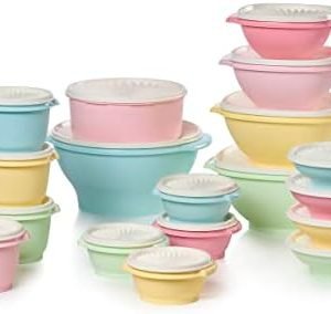 direct bulk orders tupperware heritage collection 36 piece food storage container set in vintage colors- dishwasher safe & bpa free - (18 containers + 18 lids) low-cost wholesale