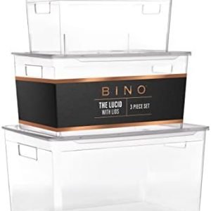 factory price bino 3-piece plastic organizer bins with lids set - clear | the lucid collection | stackable storage organizer | office kitchen & bedroom organizer | bin organizer for clothing books makeup & toys volume discount