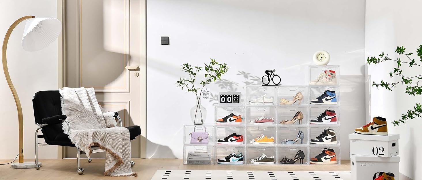 factory price 8 pack shoe boxes clear plastic stackable, large shoe storage organizer with lids,drop side shoe containers for entryway,sneaker storage fit up to us size 13 (13’’x 10.6”x 8.3”) volume discount