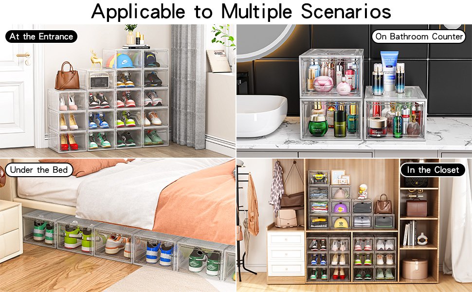 buy in bulk thicken & sturdy clear shoe storage organizer with magnetic door, stackable boxes for closet, foldable space-saving shoe rack for sneaker boot container, plastic shoe cabinet shoe box 6 pack, white source from factory