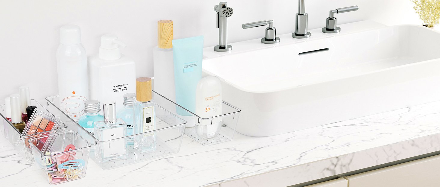 factory direct vtopmart 25 pcs clear plastic drawer organizers set, 4-size versatile bathroom and vanity drawer organizer trays, storage bins for makeup, bedroom, kitchen gadgets utensils and office oem/odm services