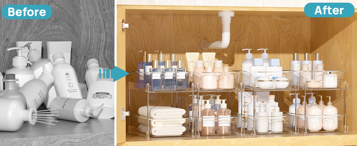 factory direct vtopmart 4 pack bathroom storage organizer, 2 tier clear under sink organizers vanity countertop storage container, medicine cabinet drawers bins, pull-out organization with track for pantry, kitchen oem/odm services