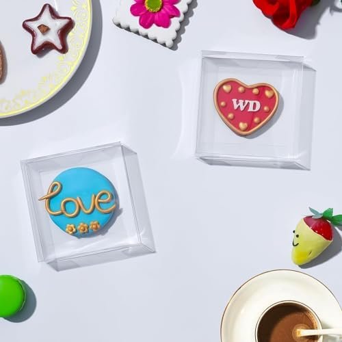 manufacturer direct 50 pack 4x4x1.2inch clear single cookies boxes with full window plastic small treat boxes macaron boxes donut boxes dessert box for party christmas valentine's day supplier direct