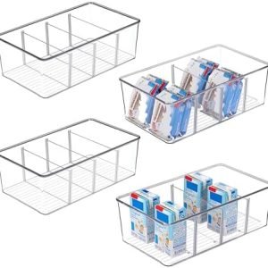 factory direct vtopmart 4 pack food storage organizer bins, clear plastic bins for pantry, kitchen, fridge, cabinet organization and storage, 4 compartment holder packets, snacks, pouches, spice packets oem/odm services