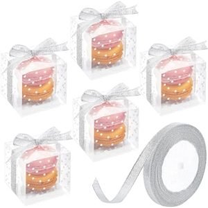 manufacturer direct ocmoiy 2x2x2 inches macaron boxes for 2, white polka dot, 50 pcs small clear favor cube boxes with silver ribbons for wedding baby shower birthday party supplies supplier direct