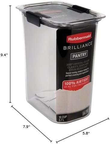 Pedidos diretos em grandes quantidades: recipiente hermético Rubbermaid Brilliance de 16 xícaras com tampa, transparente/cinza - ideal para organização de despensa, armazenamento de farinha, açúcar e outros alimentos. Atacado a baixo custo.
