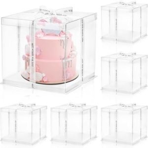 trade price 6 pcs clear cake box with ribbon 2-layer 10x10x10 inch, transparent cake carrier box with lids, pet tall cake packaging boxes, clear gift boxes for birthday, wedding and festival party wholesale supplier