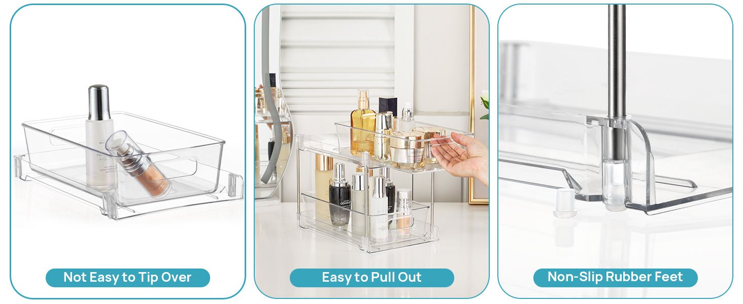 factory direct vtopmart 4 pack bathroom storage organizer, 2 tier clear under sink organizers vanity countertop storage container, medicine cabinet drawers bins, pull-out organization with track for pantry, kitchen oem/odm services