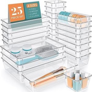 factory direct wowbox 25 pcs clear plastic drawer organizer set, 4 sizes desk drawer divider organizers and storage bins for makeup, jewelry, gadgets for kitchen, bedroom, bathroom, office oem/odm services