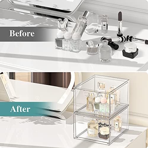 factory direct 2 pack stackable makeup organizer and storage, acrylic organizers,clear plastic storage drawer with handles for vanity, undersink, kitchen cabinets, pantry oem/odm services