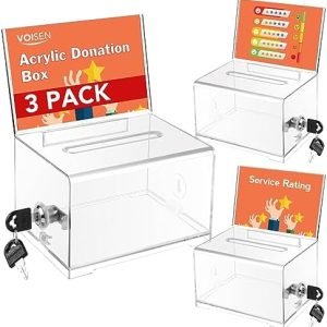 buy in bulk voisen clear donation box with lock,3 pack ballot box with sign holder,suggestion box for fundraising, voting box with slot for school,conference 6.2x4.6x3.9 inch source from factory