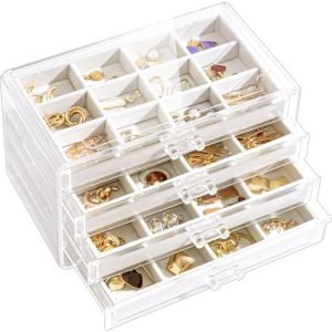 buy in bulk lolalet earring holder organizer box jewelry storage with 4 drawers, clear acrylic stackable earring case with adjustable velvet trays for women on dresser vanity -warmwhite, 4 layers source from factory