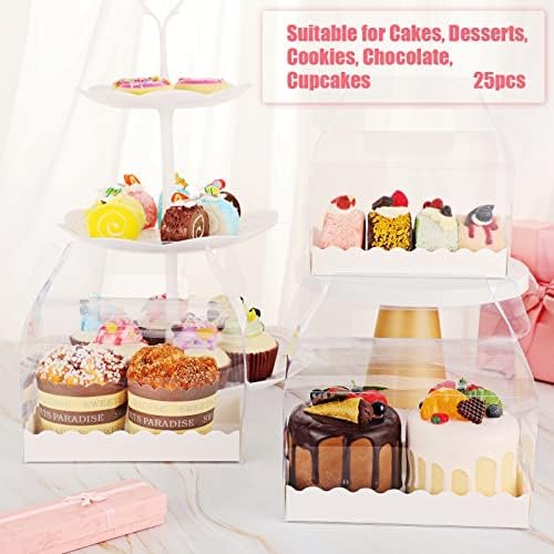 manufacturer direct handepo 25 pcs clear gable bakery gift boxes with cardboard and handles candy treat box gable boxes clear boxes for cookie pastry cupcake dessert treat cookie christmas party favors, 6.3 x 3.6 x 3.6'' supplier direct