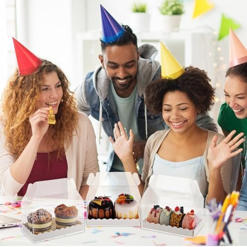 manufacturer direct handepo 25 pcs clear gable bakery gift boxes with cardboard and handles candy treat box gable boxes clear boxes for cookie pastry cupcake dessert treat cookie christmas party favors, 6.3 x 3.6 x 3.6'' supplier direct