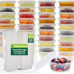 direct bulk orders freshware food storage containers [50 set] 8 oz plastic deli containers with lids, slime, soup, meal prep containers | bpa free | stackable | leakproof | microwave/dishwasher/freezer safe low-cost wholesale
