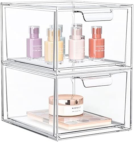 factory direct 2 pack stackable makeup organizer and storage, acrylic organizers,clear plastic storage drawer with handles for vanity, undersink, kitchen cabinets, pantry oem/odm services