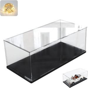 buy in bulk thickened clear acrylic display case for lego 10295 10265 42170 42155 42176 75376 collectibles, transparent box dustproof protection with wood-plastic base & string light, black inside 15.7x7.9x7.9in source from factory