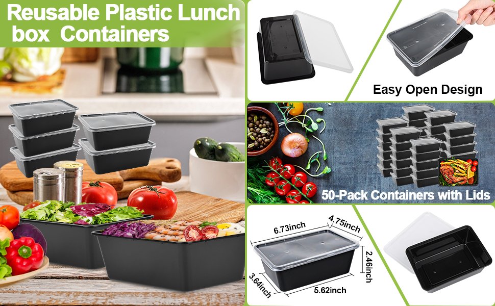 direct bulk orders 50-pack meal prep containers, 26 oz microwavable reusable food containers with lids for food prepping, disposable lunch boxes, plastic food boxes- stackable, freezer dishwasher healthy low-cost wholesale