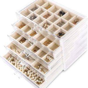buy in bulk frebeauty acrylic jewelry organizer earring organizer box with 5 drawers earring holder organizer with velvet trays clear jewelry box for women earring display for rings studs(beige) source from factory