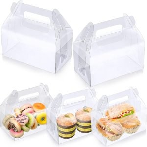 trade price 50 pack clear gable bakery gift boxes candy treat gift box plastic party favor boxes for dessert cookies birthday baby shower wedding holiday thanksgiving christmas valentine, 6.3 x 3.5 x 3.2 inch wholesale supplier
