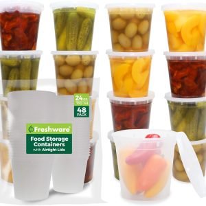 direct bulk orders freshware food storage containers 24 oz plastic deli containers with lids, slime, soup, meal prep containers, bpa free, stackable, leakproof, microwave/dishwasher/freezer safe, 48 count (pack of 1) low-cost wholesale