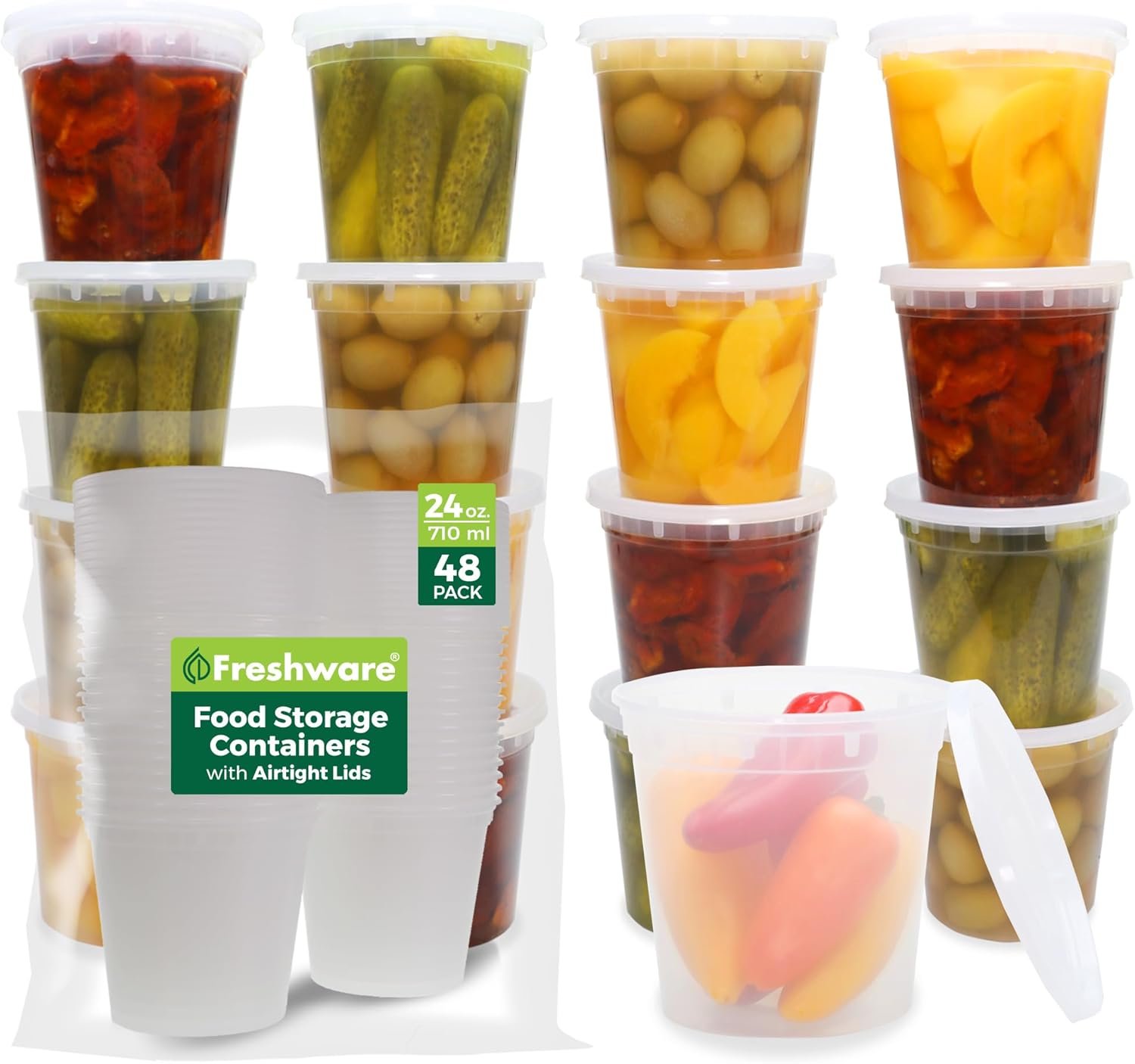 direct bulk orders freshware food storage containers 24 oz plastic deli containers with lids, slime, soup, meal prep containers, bpa free, stackable, leakproof, microwave/dishwasher/freezer safe, 48 count (pack of 1) low-cost wholesale