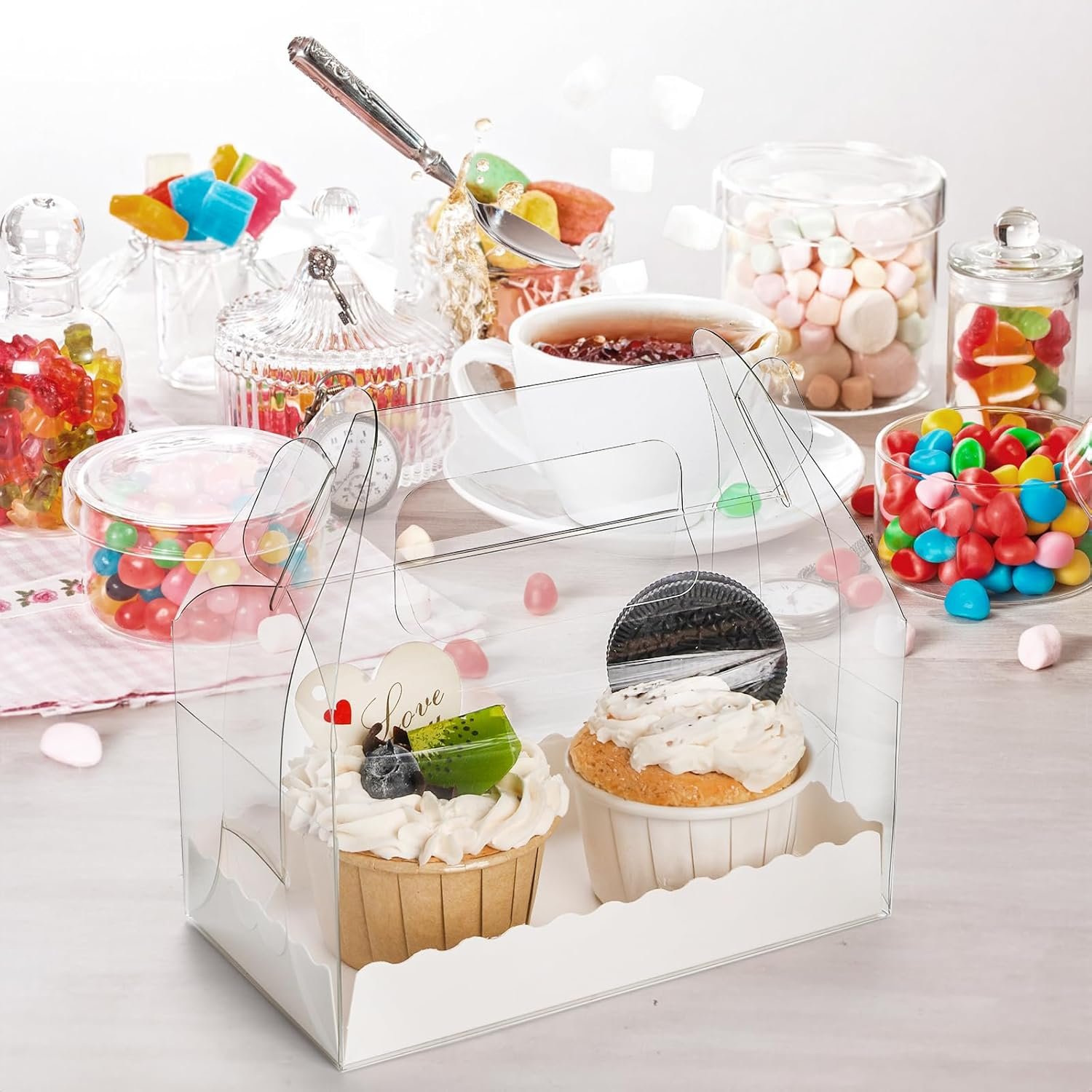 manufacturer direct 40 pack clear gable bakery gift box, candy treat boxes with handle, party favor treat dessert cookies container for birthday wedding baby shower, 6.4''l x 3.5''w x 3.3''h supplier direct