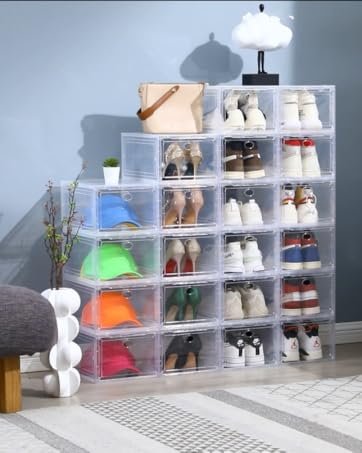 factory price 8 pack shoe boxes clear plastic stackable, large shoe storage organizer with lids,drop side shoe containers for entryway,sneaker storage fit up to us size 13 (13’’x 10.6”x 8.3”) volume discount