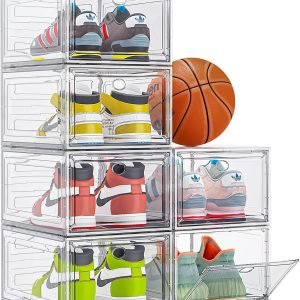 buy in bulk thicken & sturdy clear shoe storage organizer with magnetic door, stackable boxes for closet, foldable space-saving shoe rack for sneaker boot container, plastic shoe cabinet shoe box 6 pack, white source from factory