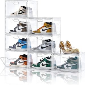 factory price 8 pack shoe boxes clear plastic stackable, large shoe storage organizer with lids,drop side shoe containers for entryway,sneaker storage fit up to us size 13 (13’’x 10.6”x 8.3”) volume discount