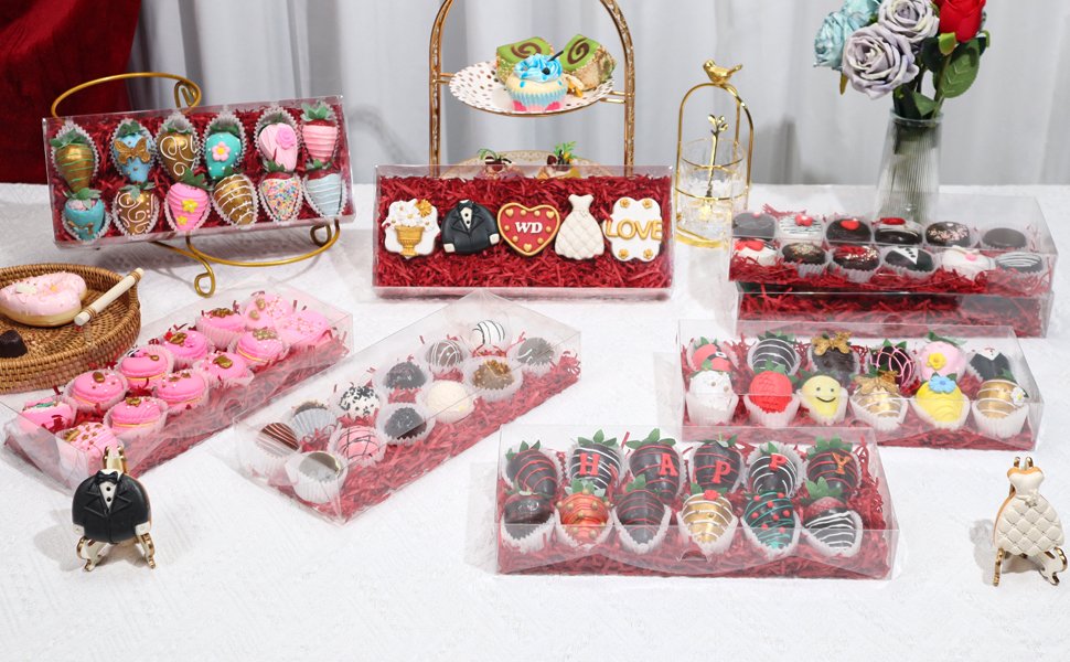 trade price 12pcs 12x5x2 inches clear valentines strawberry boxes cookie boxes bakery boxes macaron boxes gift boxes treat boxes for party favors wholesale supplier