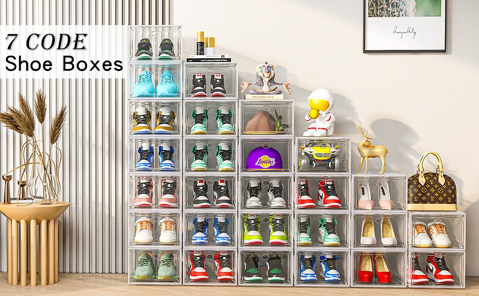 buy in bulk thicken & sturdy clear shoe storage organizer with magnetic door, stackable boxes for closet, foldable space-saving shoe rack for sneaker boot container, plastic shoe cabinet shoe box 6 pack, white source from factory