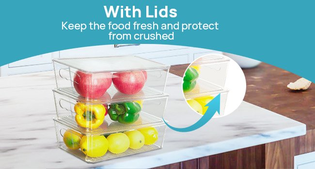 Organizadores y contenedores de almacenamiento transparentes de 8 piezas con tapas, apilables, de plástico, con asas, para refrigerador, congelador, despensa, gabinetes, organización y almacenamiento de cocina, servicios OEM/ODM, Vtopmart. Organizadores y contenedores de almacenamiento transparentes de 8 piezas con tapas, apilables, de plástico, con asas, para refrigerador, congelador, despensa, gabinetes, organización y almacenamiento de cocina, servicios OEM/ODM, Vtopmart.