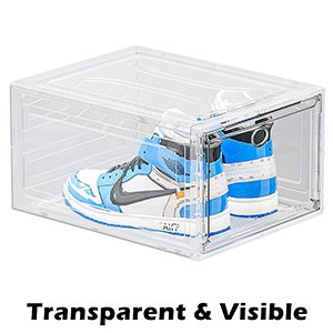 buy in bulk thicken & sturdy clear shoe storage organizer with magnetic door, stackable boxes for closet, foldable space-saving shoe rack for sneaker boot container, plastic shoe cabinet shoe box 6 pack, white source from factory