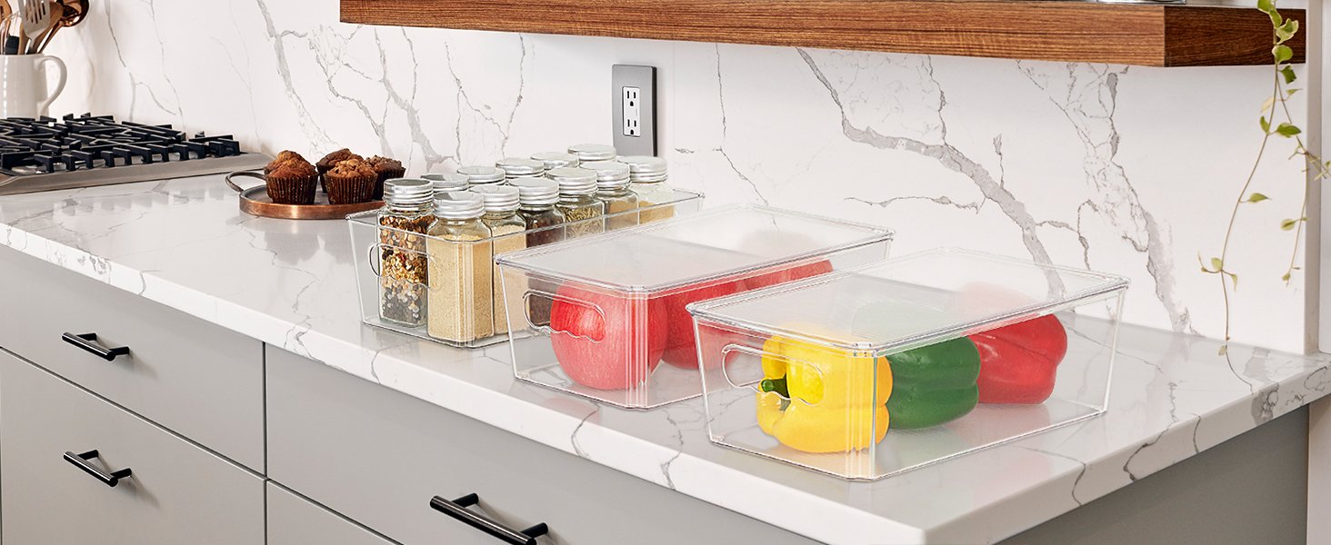 공장 직송 vtopmart 8개입 투명 정리함 및 뚜껑이 달린 보관함, 손잡이가 달린 쌓을 수 있는 플라스틱 보관 용기, 냉장고, 냉동고, 식료품 저장실, 캐비닛, 주방 정리 및 보관 OEM/ODM 서비스