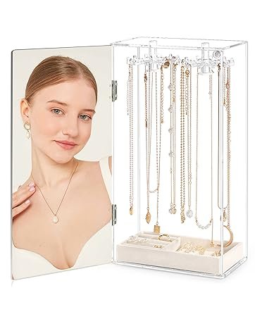 buy in bulk jenseits acrylic jewelry holder organizer box, necklace organizer earring holder stand, rotating 24 hooks clear hanging rack storage tree display with velvet tray for bracelets rings, gift for her source from factory