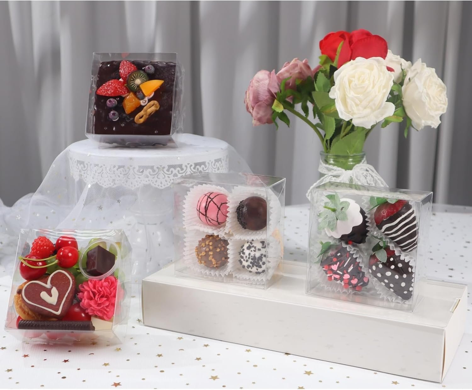manufacturer direct 15 pack full clear chocolate covered strawberries boxes 5x5x2 inches cookies boxes mini bundt cake boxes pie boxes cinnamon roll treat boxes chocolate truffle boxes party wedding favor supplier direct
