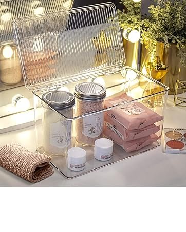 factory price isaac jacobs medium stackable organizer bin (10.75”x6.5”x3.7”) w/ hinged lid, clear storage box, home, office, school, fridge, bathroom, kitchen, pantry container, bpa-free, food safe (medium, clear) volume discount