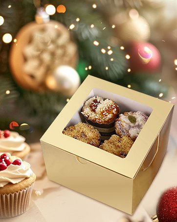 manufacturer direct 25 gold bakery boxes with window 5x5x3.5 inches, dessert boxes to go with window, treat boxes for small bakery, dessert, candy, cookies, pastry, party favors, wedding cake supplier direct