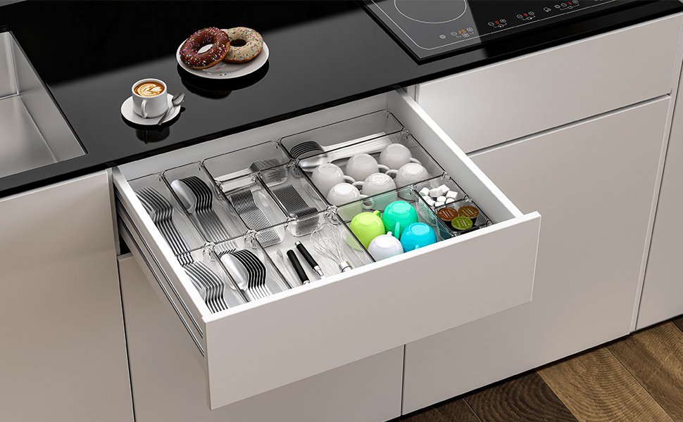 factory direct 25 pc clear plastic drawer organizer set,4 size small storage containers for organizing jewelry,utensil,junk,tea,makeup,shallow drawer organizers tray suitable for office,desk,bathroom,vanity,kitchen oem/odm services