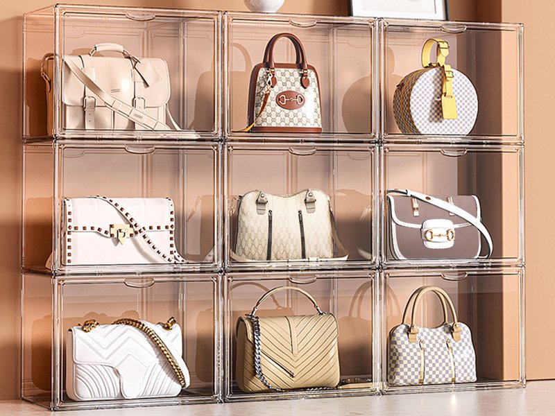 buy in bulk dilibra 4 packs clear plastic handbag storage organizer for closet, acrylic display case for purse and handbag, stackable storage boxes bag organizer with magnetic door for clutch wallet book toys source from factory