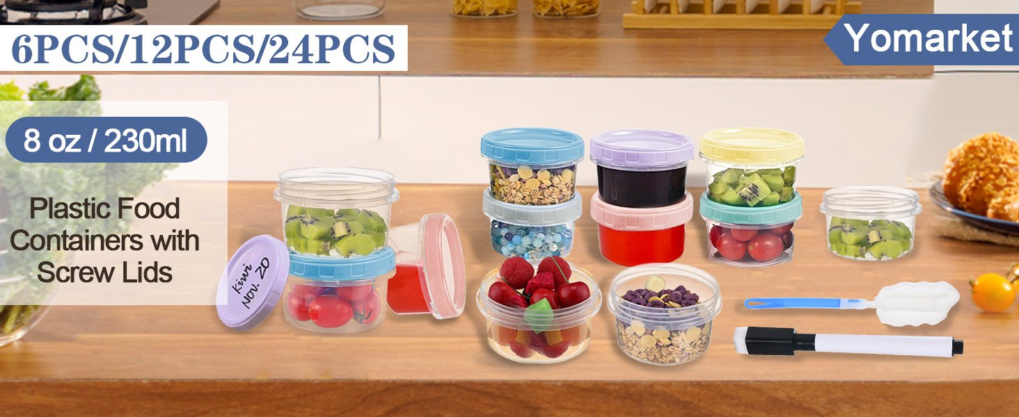 direct bulk orders 12pcs 8 oz plastic containers with screw lids, reusable clear food storage containers with pen and brush for snack salad fruit, leakproof small freezer containers, microwave & dishwasher safe low-cost wholesale direct bulk orders 12pcs 8 oz plastic containers with screw lids, reusable clear food storage containers with pen and brush for snack salad fruit, leakproof small freezer containers, microwave & dishwasher safe low-cost wholesale