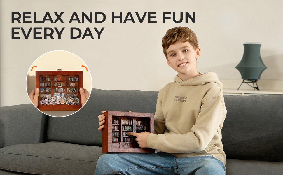 trade price anxiety bookshelf | get rid of your anxiety, get rid of your anxiety, miniature book matchbox display cabinet, creative ornaments, stress-relieving gifts for family and friends wholesale supplier