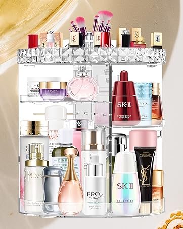 buy in bulk makeup organizer 360 rotating cosmetic organizer diy adjustable makeup carousel spinning holder rack, large capacity cosmetic storage box makeup brushes organizer for vanity countertop (clear) source from factory