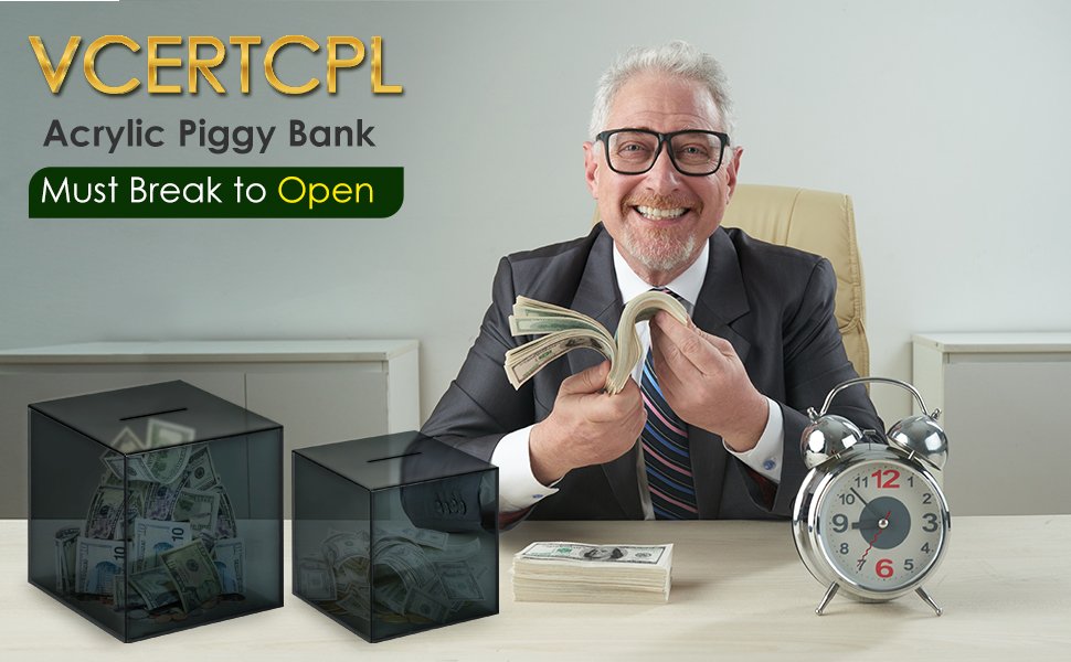 buy in bulk piggy bank for adults must break to open, vcertcpl acrylic clear piggy bank money saving box for cash saving, unopenable adults piggy bank for real money bank coin bank change jar (gray s, 15 * 15cm) source from factory