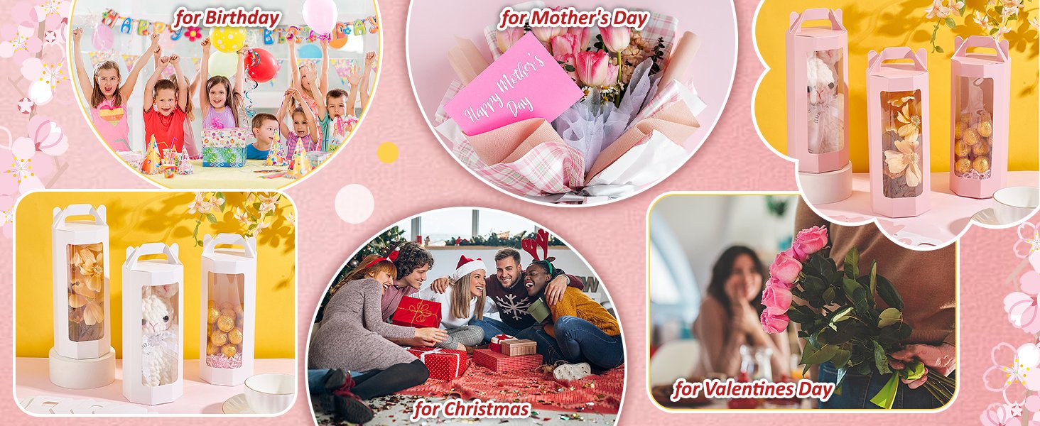 manufacturer direct ph pandahall 10pcs paper gift boxes with clear window, 3.4 x 9.6 x 1.3 inch octagon kraft package box with handle pink goodies favor box wrapping box for flower cupcake bakery birthday party christmas supplier direct